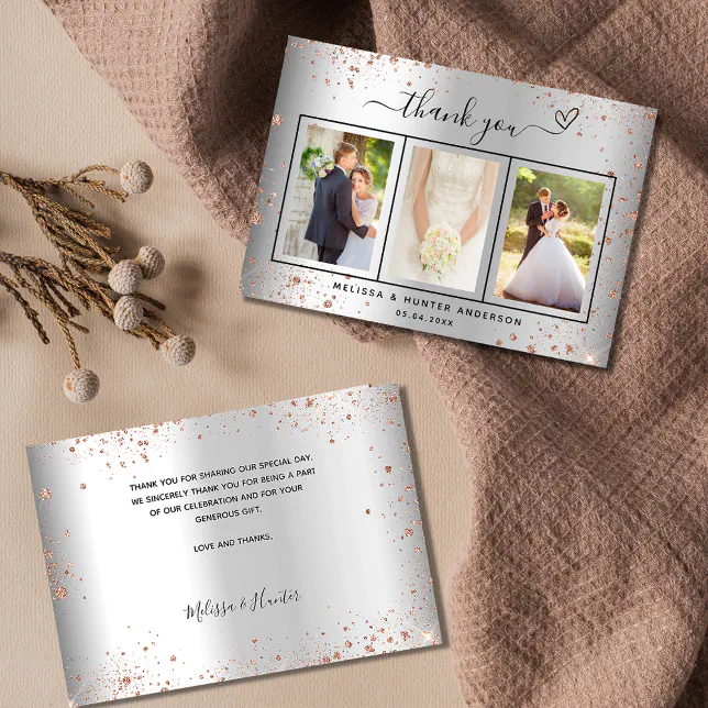 Wedding silver photo rose heart script elegant thank you card | Zazzle