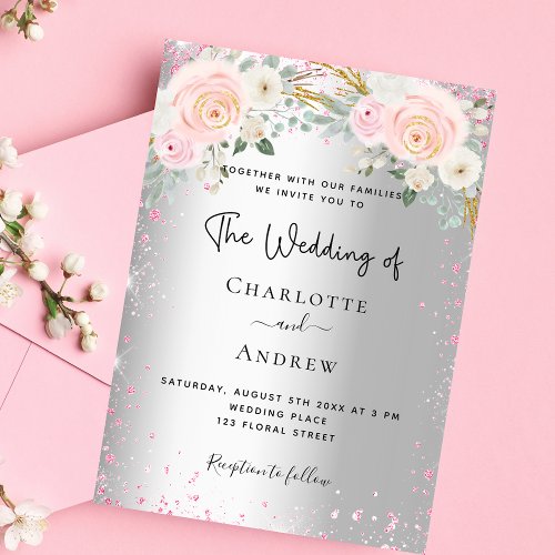 Wedding silver pink florals glitter luxury invitation