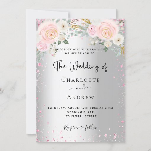 Wedding silver pink florals glitter luxury invitation | Zazzle