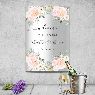 Wedding silver pink flowers script welcome poster