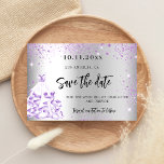 Wedding silver purple dress save the date<br><div class="desc">A modern faux silver looking background decorated with purple faux glitter,  sparkles and a dress. Personalize and add a date and names. The text: Save the Date is written with a large trendy hand lettered style script.</div>