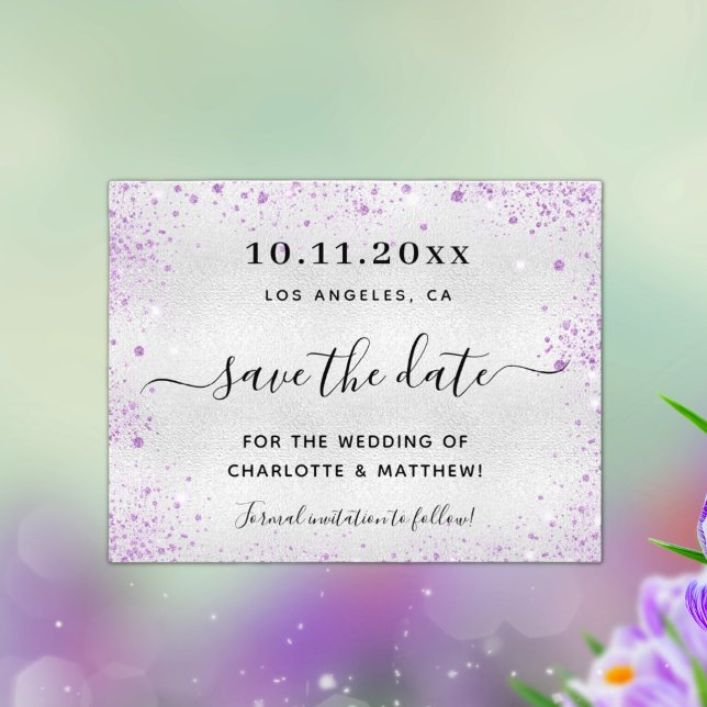 Wedding silver purple glitter budget save the date flyer