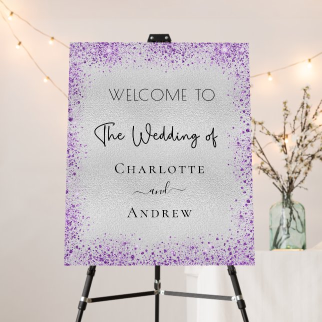 Wedding silver purple sparkles welcome foam board (In Situ (Stand))