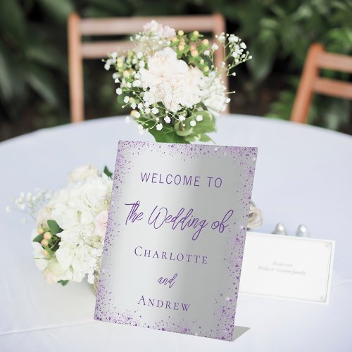 Wedding silver purple sparkles welcome pedestal sign