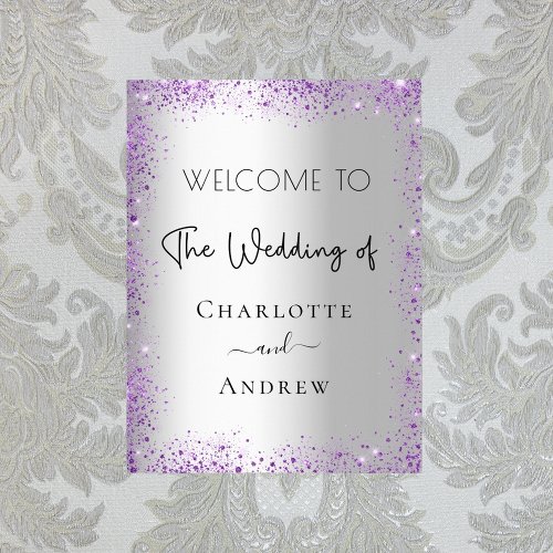 Wedding silver purple sparkles welcome poster