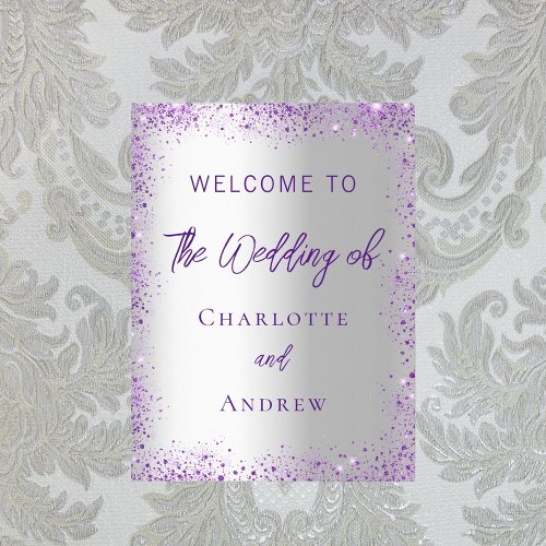 Wedding silver purple sparkles welcome poster