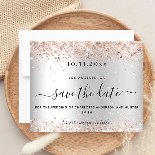 Wedding silver rose gold glitter budget save date