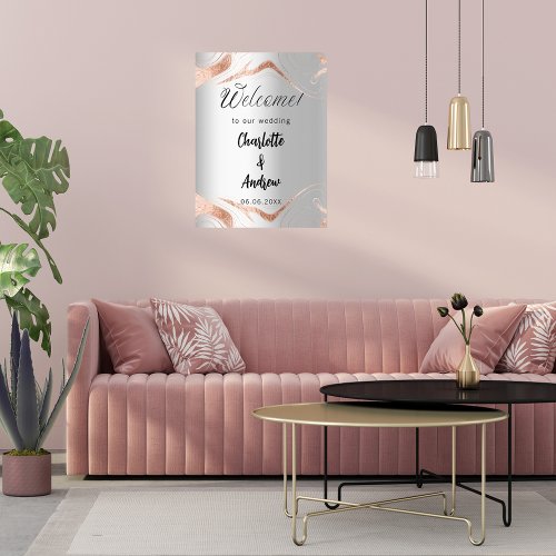 Wedding silver rose gold marble veins welcome poster
