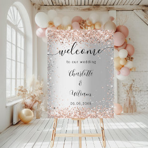 Wedding silver rose gold names script welcome foam board