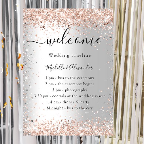 Wedding silver rose gold program timeline poster