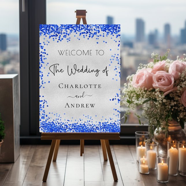 Wedding silver royal blue confetti welcome foam board (Creator Uploaded)