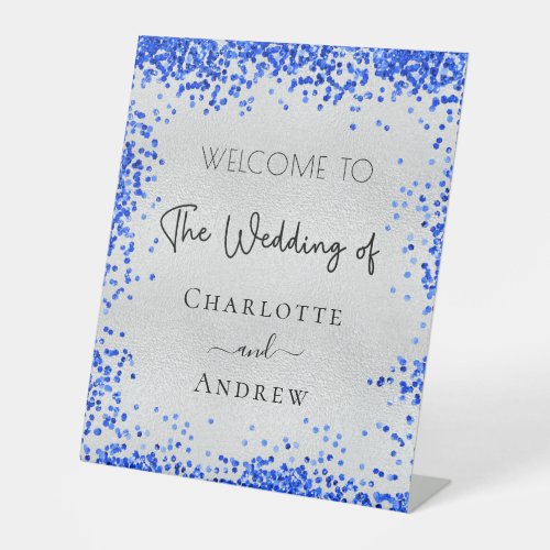Wedding silver royal blue confetti welcome pedestal sign