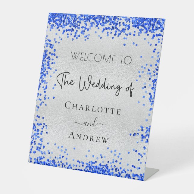 Wedding silver royal blue confetti welcome pedestal sign (Front)