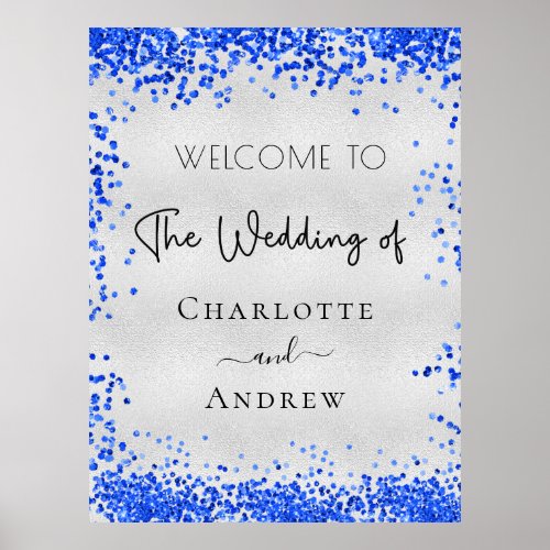 Wedding silver royal blue confetti welcome poster