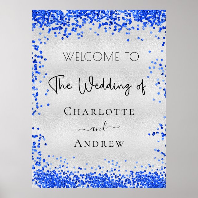 Wedding silver royal blue confetti welcome poster (Front)