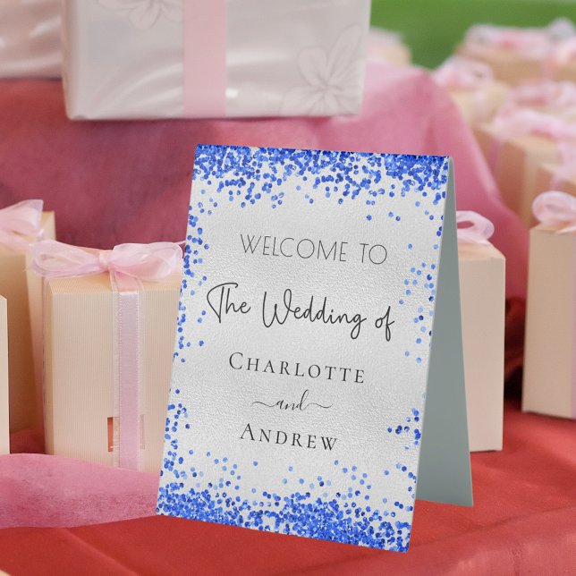 Wedding silver royal blue confetti welcome table tent (Creator Uploaded)