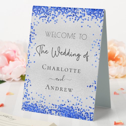 Wedding silver royal blue confetti welcome table tent sign