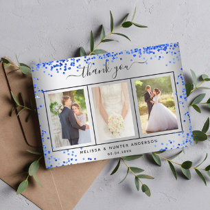 Wedding silver royal blue photo script thank you card