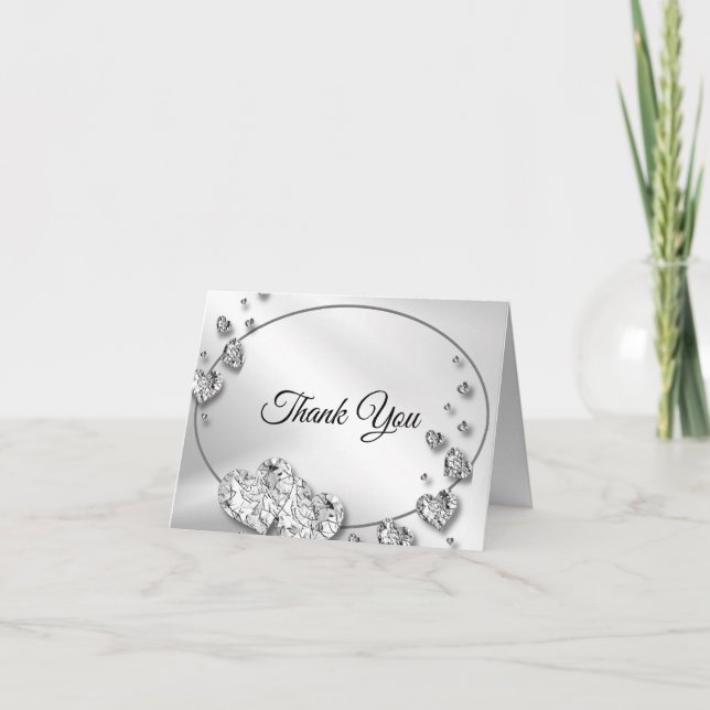 Wedding Silver Shiny Gray Hearts Geometric Elegant Thank You Card (Front)