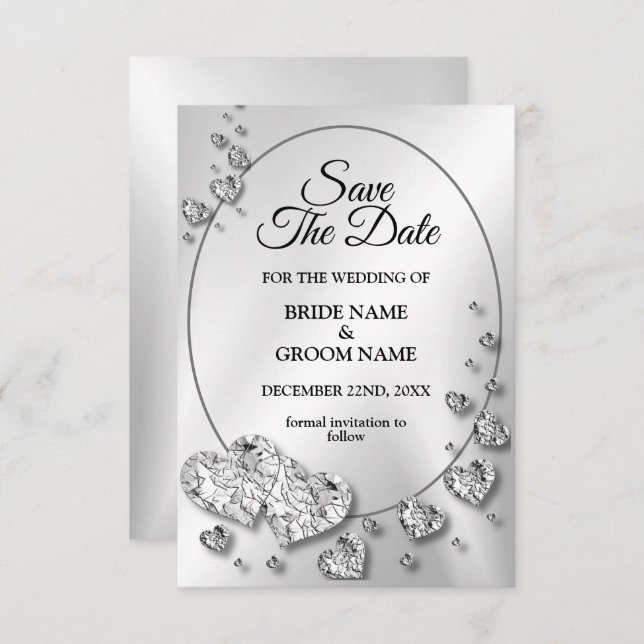 Wedding Silver Shiny Hearts Geometric Elegant Save The Date (Front/Back)