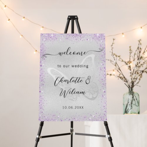 Wedding silver violet butterfly welcome foam board