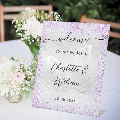 Wedding silver violet butterfly welcome pedestal sign