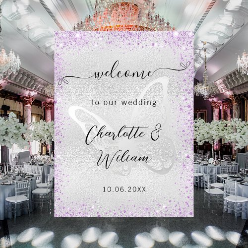 Wedding silver violet butterfly welcome poster