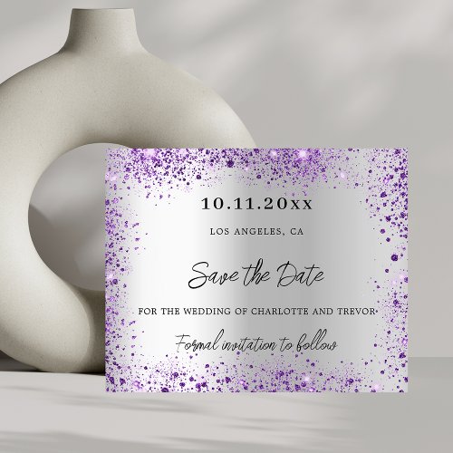 Wedding silver violet purple budget save the date