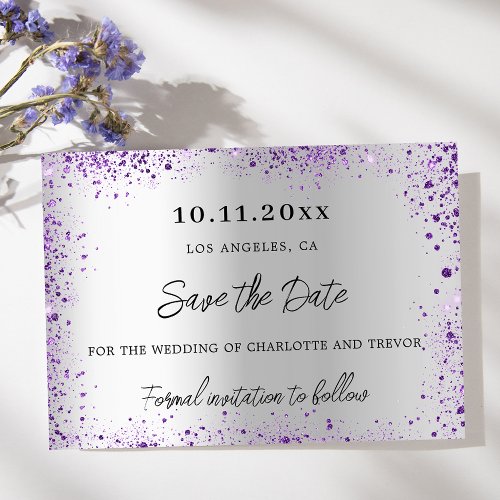 Wedding silver violet purple glitter save the date