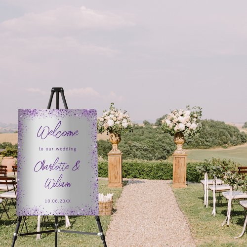 Wedding silver violet purple glitter welcome foam board