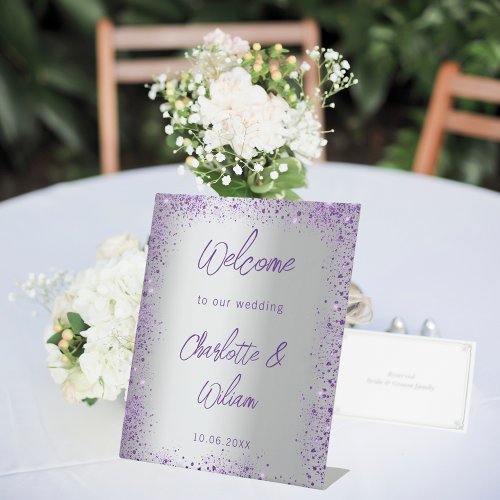 Wedding silver violet purple glitter welcome pedestal sign