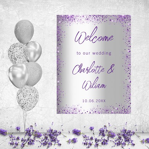 Wedding silver violet purple glitter welcome poster