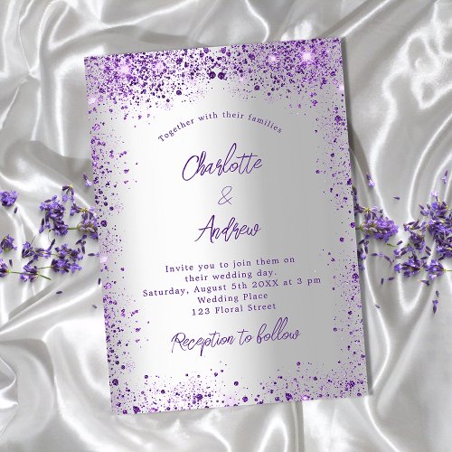 Wedding silver violet purple sparkles invitation