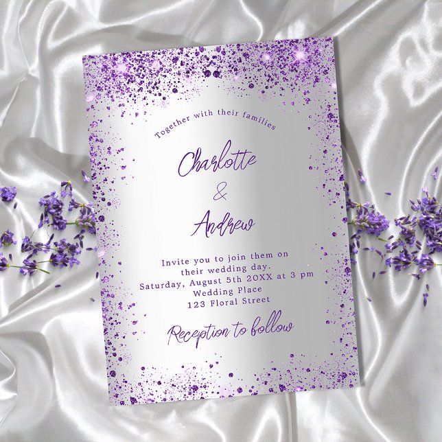 Wedding silver violet purple sparkles invitation postcard (Creator Uploaded)