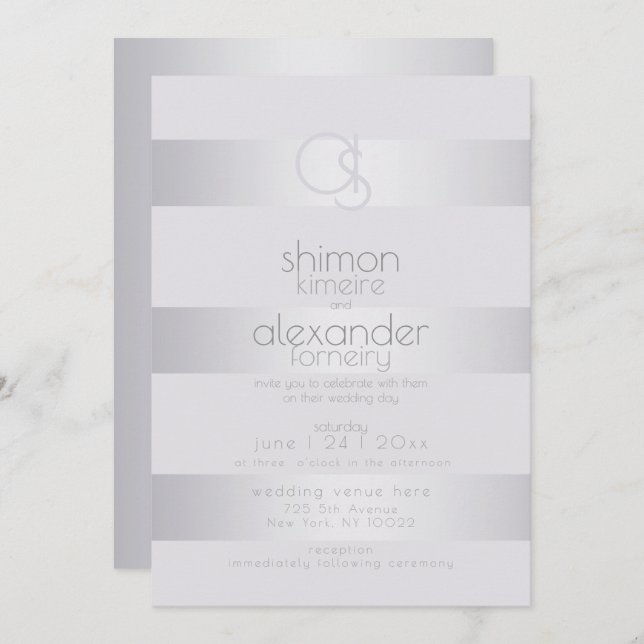 Wedding | Silver Violet  Shimmer Stripe Monogram Invitation (Front/Back)
