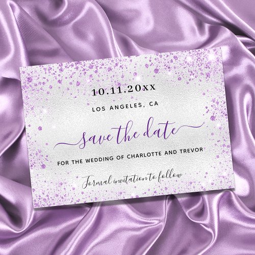 Wedding silver violet sparkles elegant save the da announcement postcard