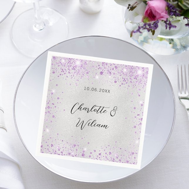 Wedding silver violet sparkles names napkins (Creator Uploaded)