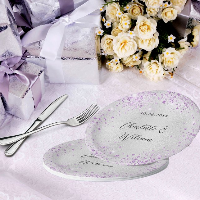 Wedding silver violet sparkles names paper plates (Creator Uploaded)
