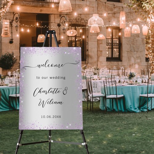 Wedding silver violet sparkles welcome foam board