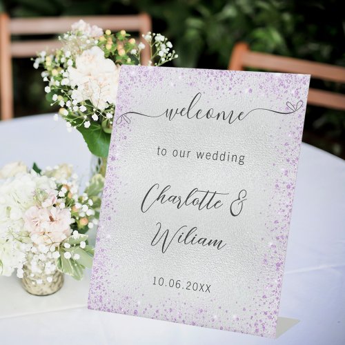Wedding silver violet sparkles welcome pedestal sign