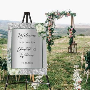 Wedding silver white florals welcome foam board