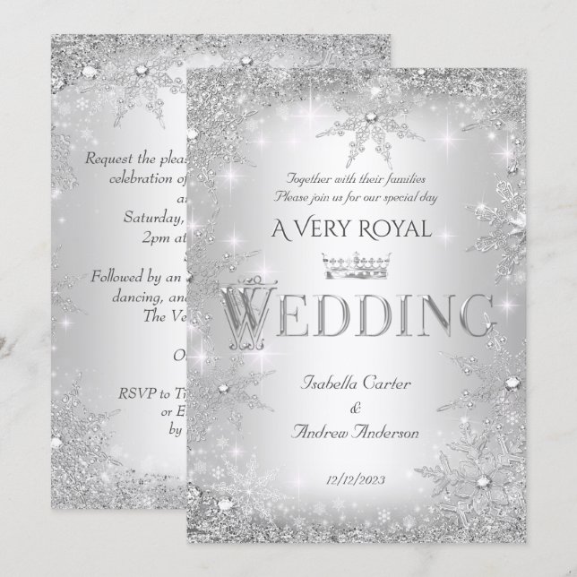 Wedding Silver Winter Wonderland Royal Crown Invitation (Front/Back)