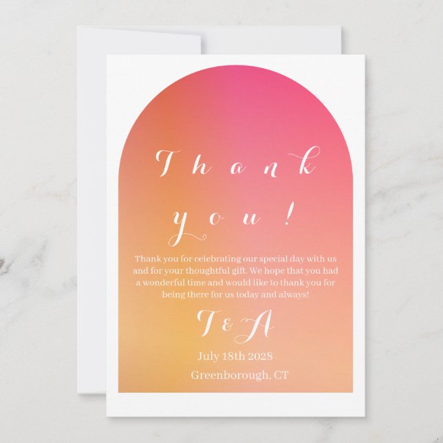 Wedding Simple Boho Arch Orange Ombre Thank You Card (Front)