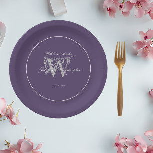 Wedding Simple Elegant Chic Dusty Purple Monogram Paper Plates