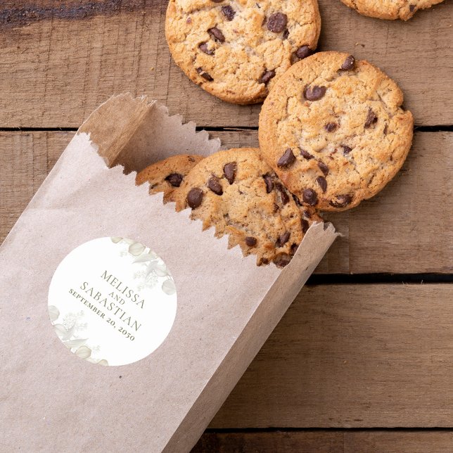 Wedding Simple Elegant Sage Green Greenery Classic Round Sticker (Elegant wedding sage green favor sticker label with elegant greenery.)