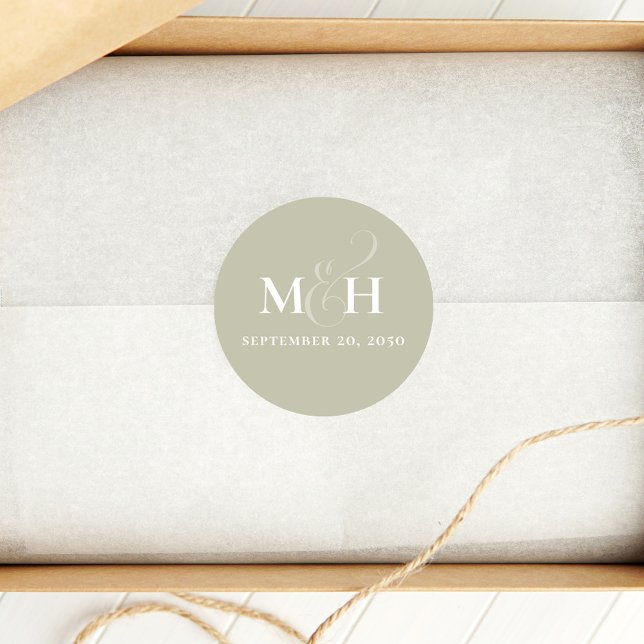 Wedding Simple Elegant Sage Green Monogram Classic Round Sticker (Elegant wedding sage green favor sticker label with simple monogram. )