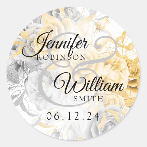 Wedding Simple Gold  Silver Elegant Floral  Classic Round Sticker