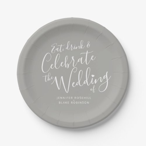 Wedding simple gray white script personalized paper plates