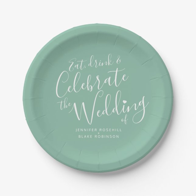 Wedding simple green white script personalized paper plates (Front)