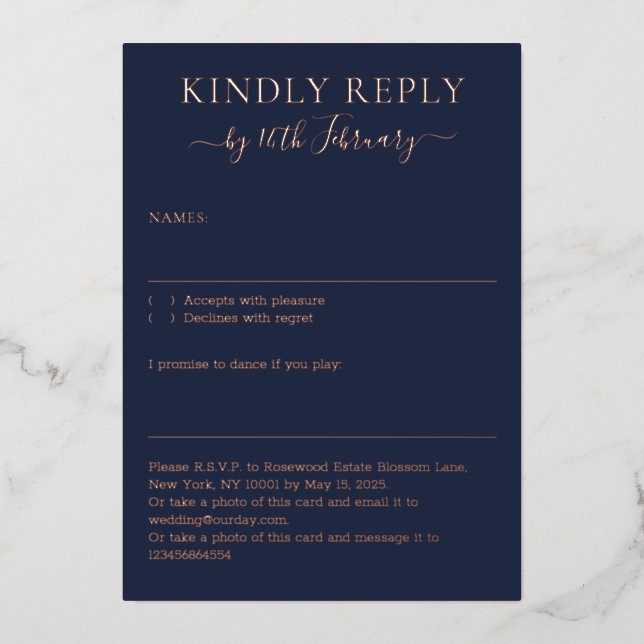 Wedding Simple Midnight Blue Navy Kindly Reply Foil Invitation (Front)